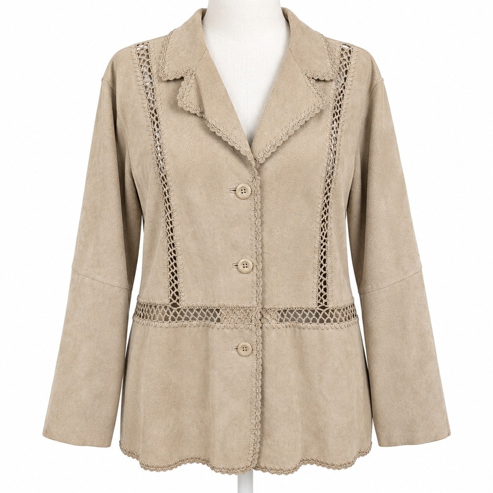 Vintage Y2K Crochet Patchwork Suede Jacket Size 1X Tan Western Grunge Boho Indie
